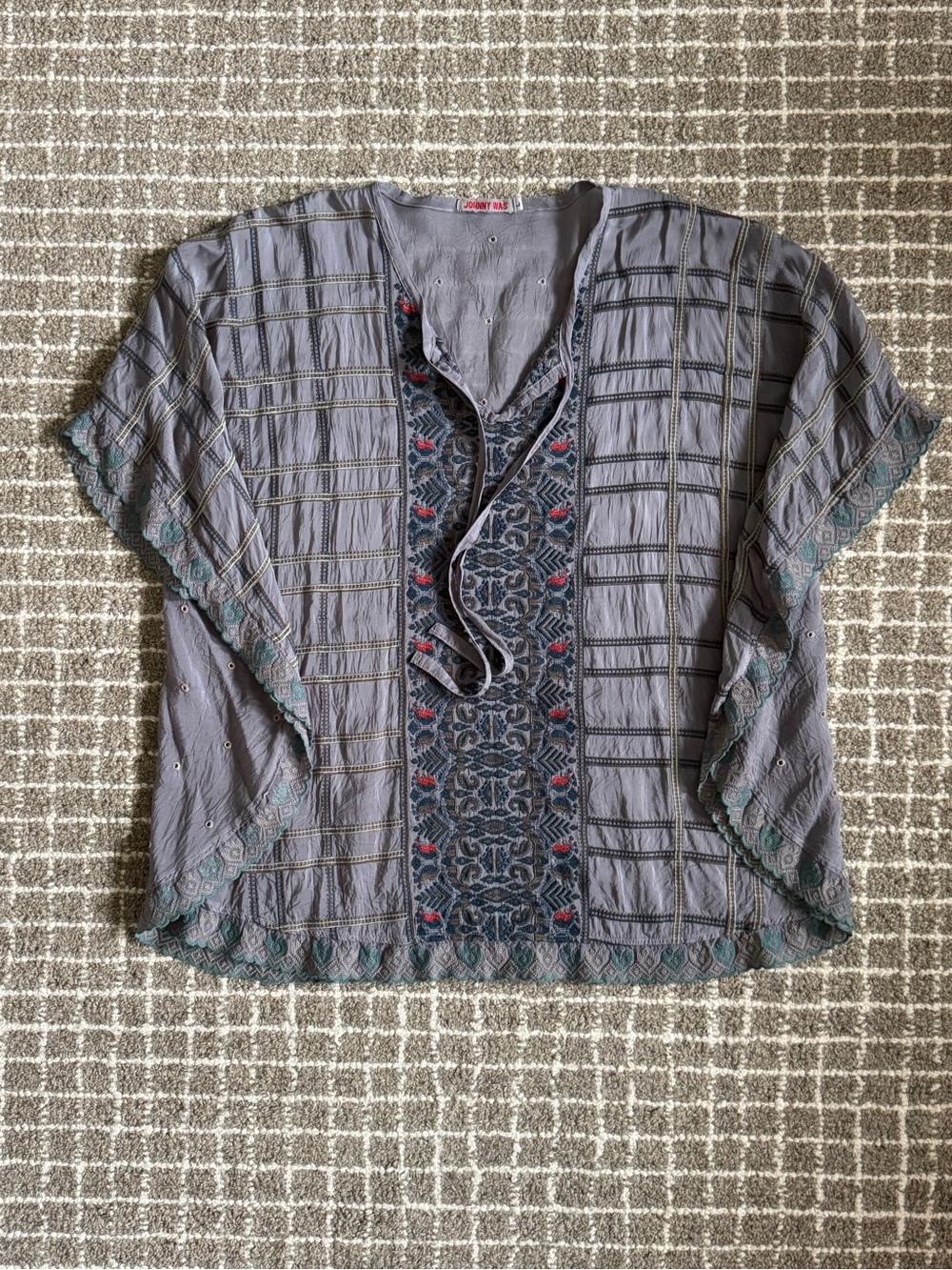 Johnny Was Gray Embroidered Boho Blouse with Teal & Red Accents Large